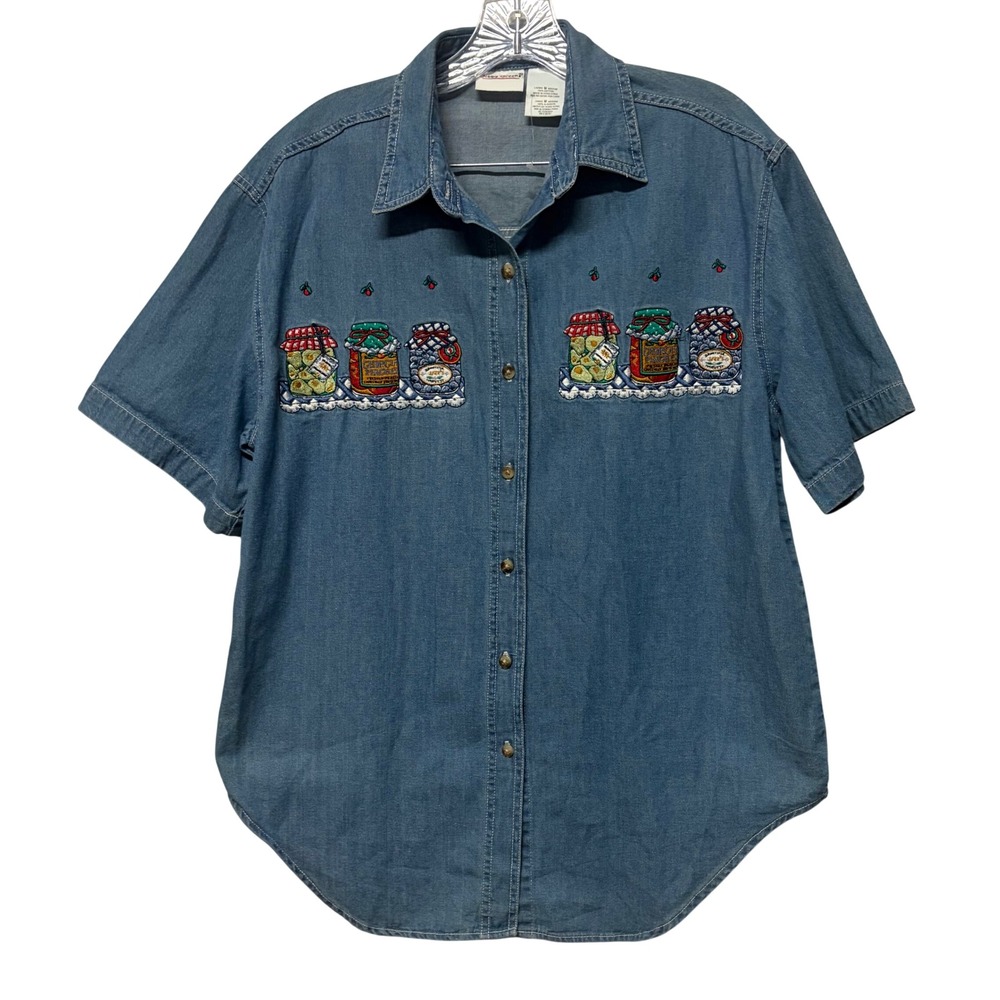 Bobbie Brooks Vintage Denim Shirt Medium Blue Embroidered Canning Jars Cotton